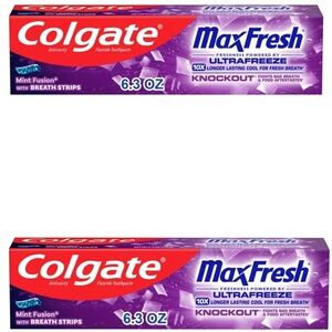 Two (2) Colgate MaxFresh Knockout Mint Toothpaste 6.3 oz with Breath Strips